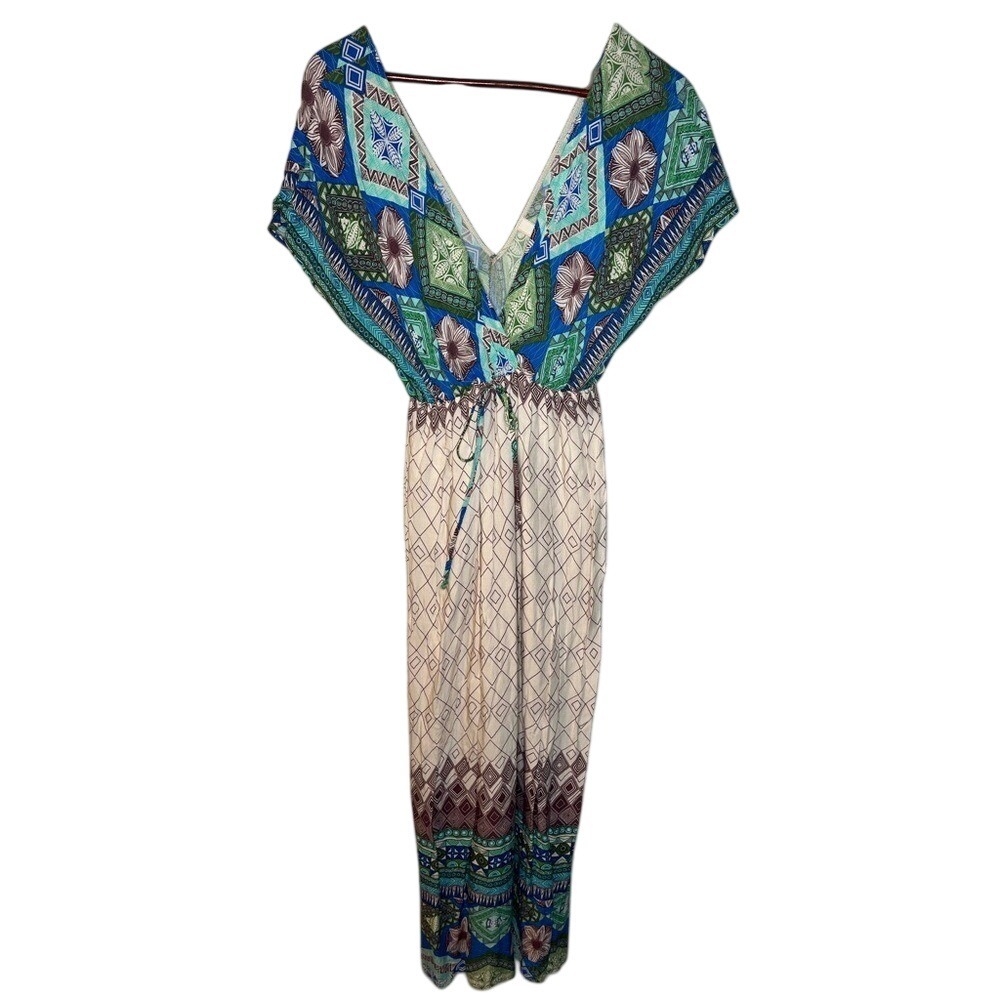 Teenflo USA Women Blue Green Boho Geometric Floral V-Neck Maxi Dress Small